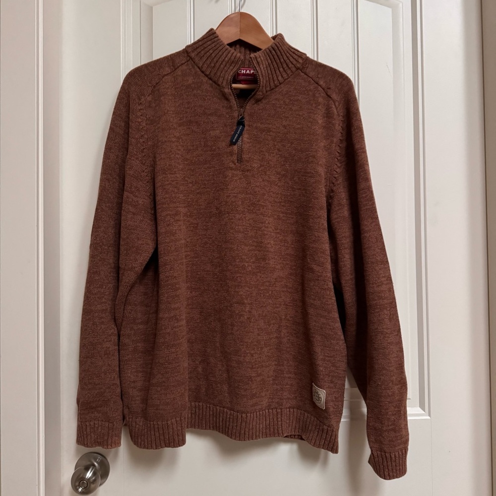 Chaps Denim Quarter Zip Heathered Brown Cotton Knit Sweater. Size XL